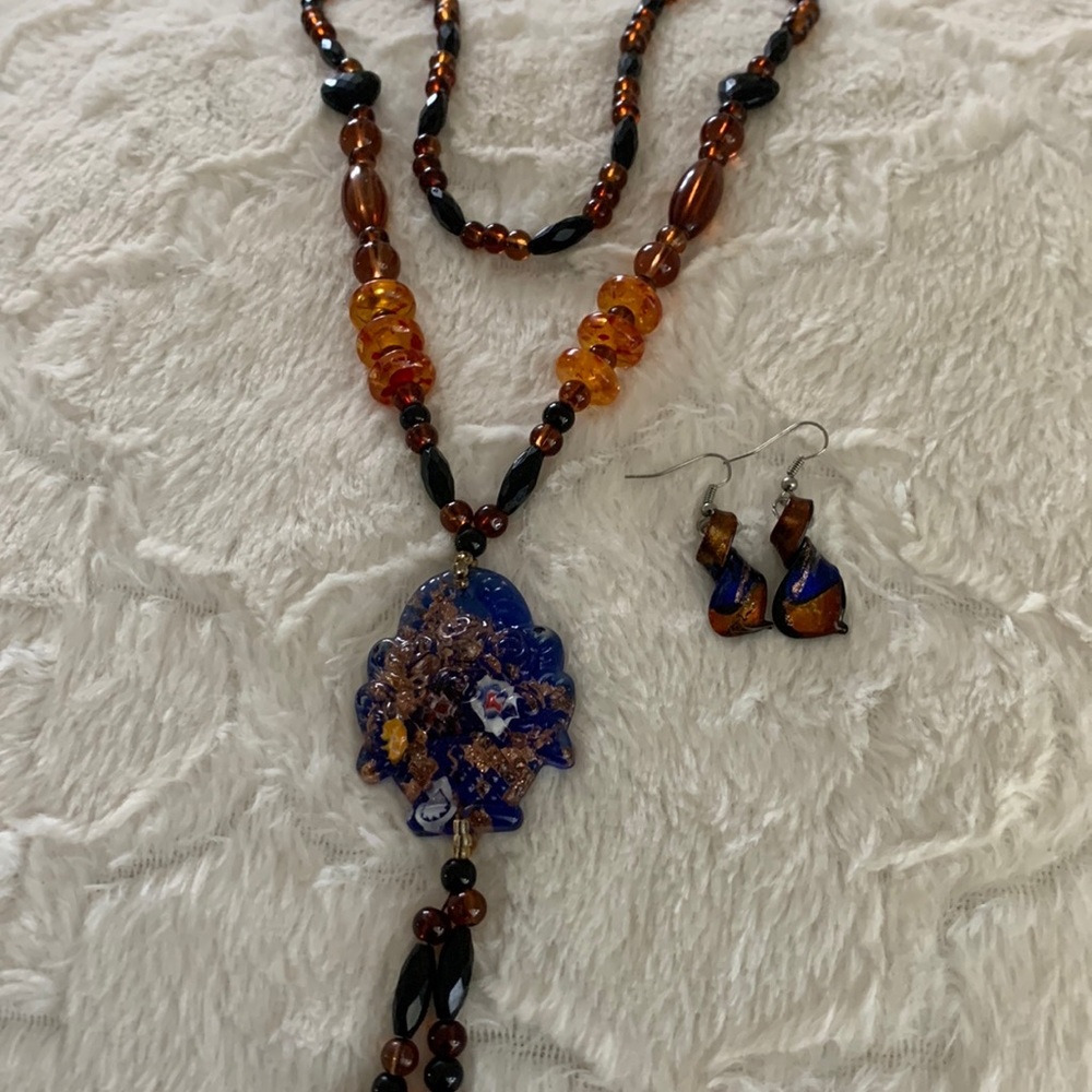 Necklace and earrings!!!Glass‎ pendant with beads